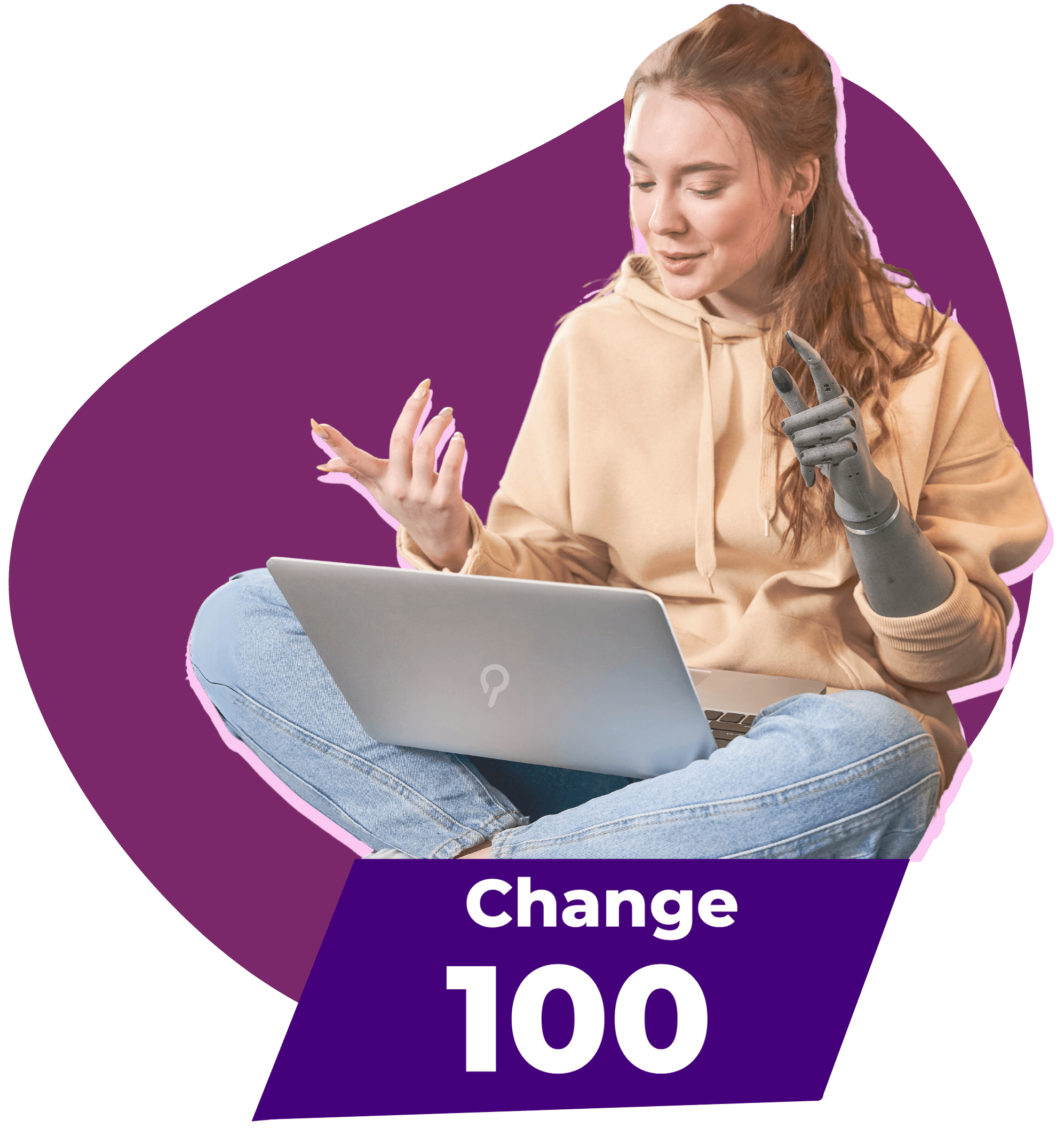 A young woman with a prosthetic arm gesturing while working on a laptop above the Change 100 logo.